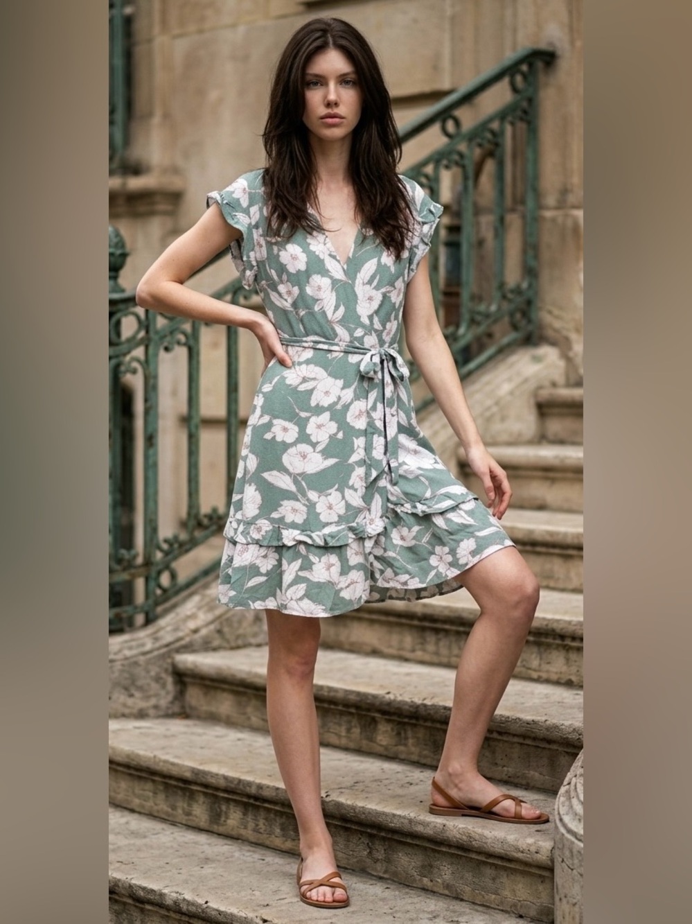 Monteau Faux Wrap Short Dress Flutter Sleeves Green Blue Floral Size (L) XL NWT